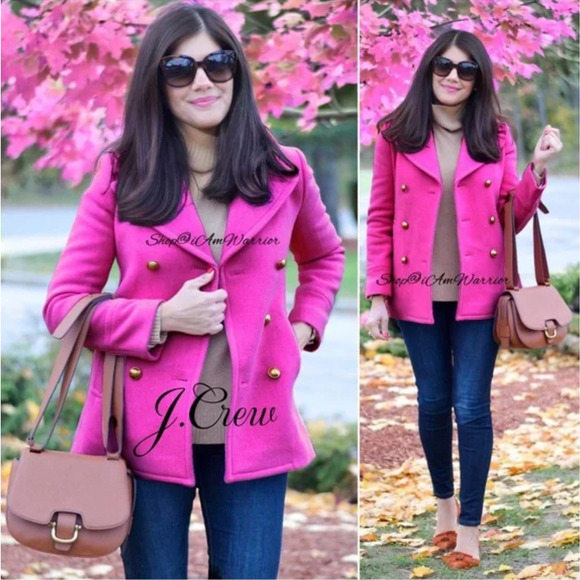J Crew Majesty Coat Peacoat Fuchsia Pink Wool Stadium Cloth Double Breasted Sz 0 - Picture 2 of 10